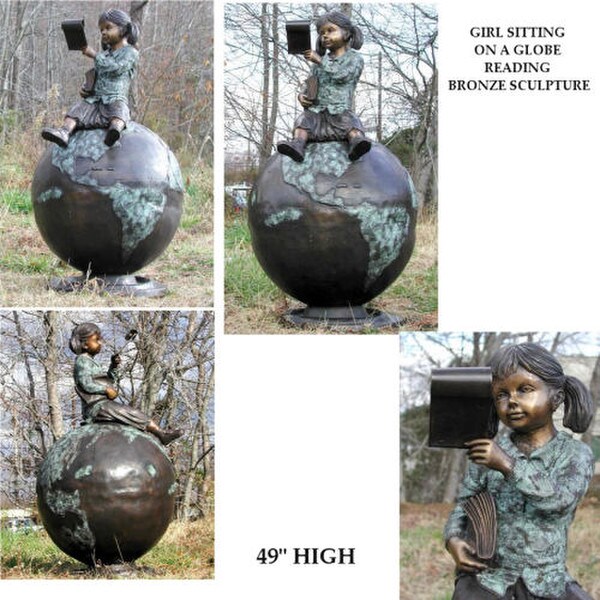 Bronze Statue Life size - Young Girl Sitting on Globe with Book